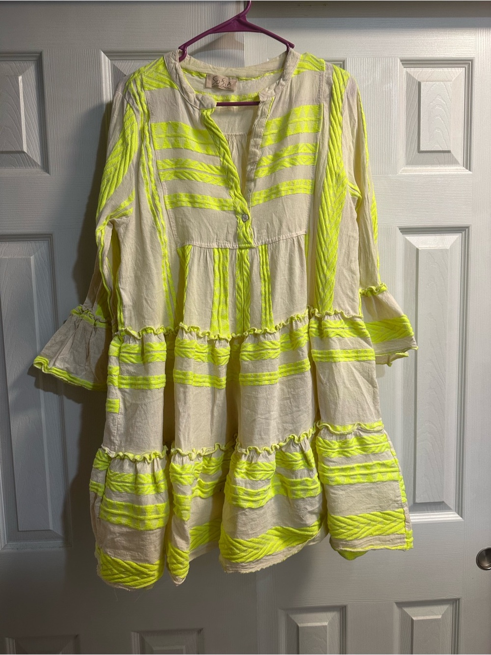 Cream Mini Dress with Neon Yellow Stripe Accents
